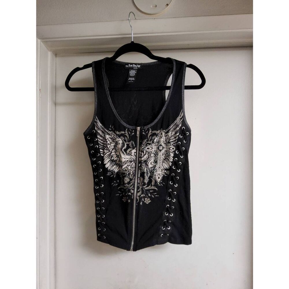 Trendy Black/White Fleur de Lis & Wings Rhinestone Accent Zip up Tank Top Sz Lar